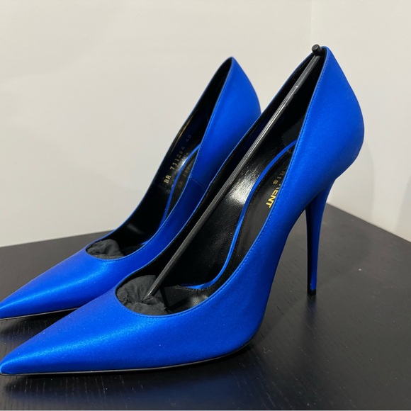 YSL Satin Blue Marylin 110 on pump Saint Laurent Pointed Toe Slip-On Pumps - Picture 2 of 4